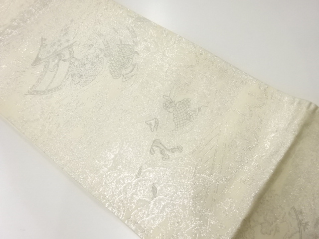 アンティーク　プラチナ二重箔平安人物模様織出し袋帯（材料）